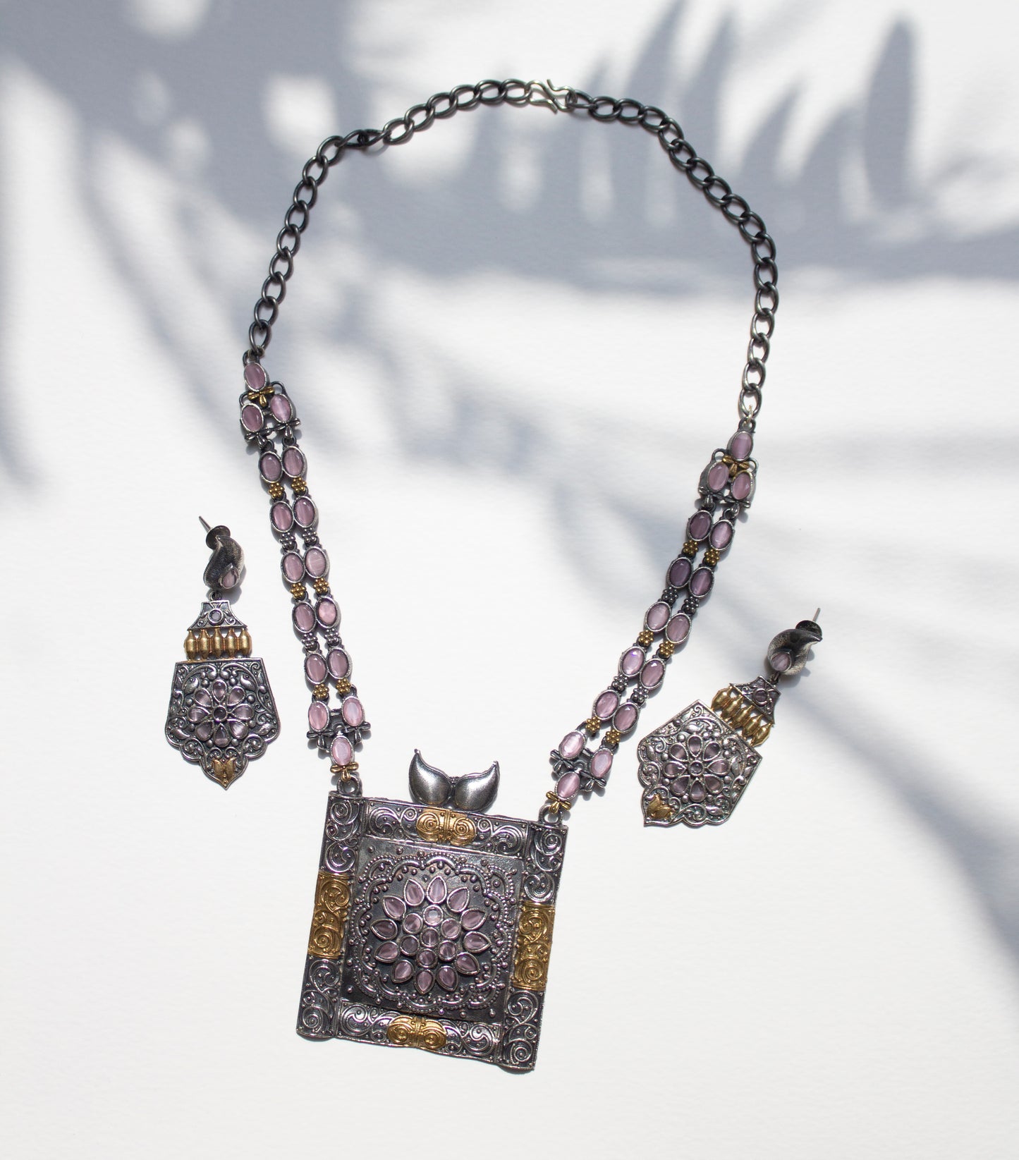 Oxidized Silver Set with Pink Stones