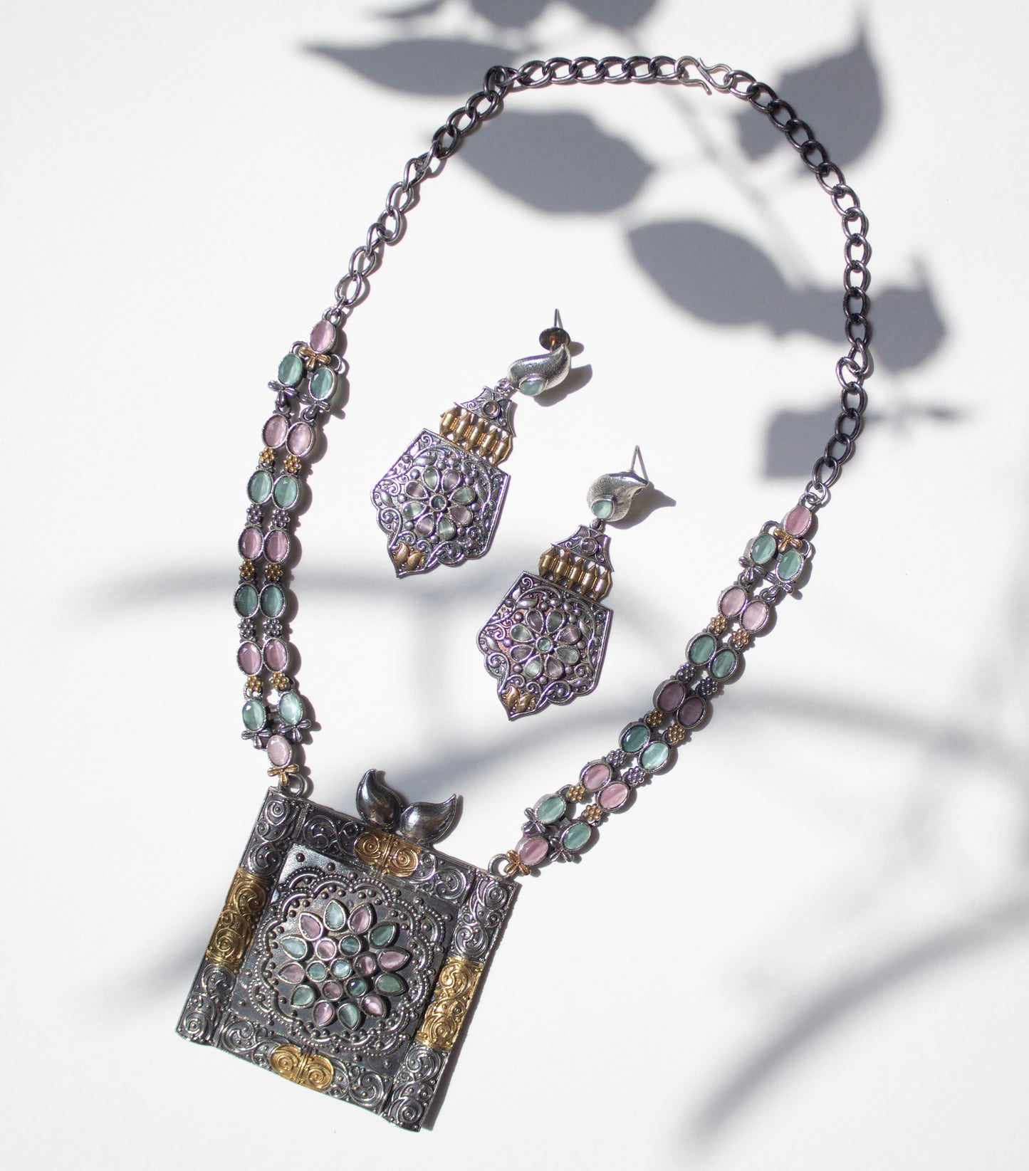 Oxidized Silver Set with Pink and Green Stones