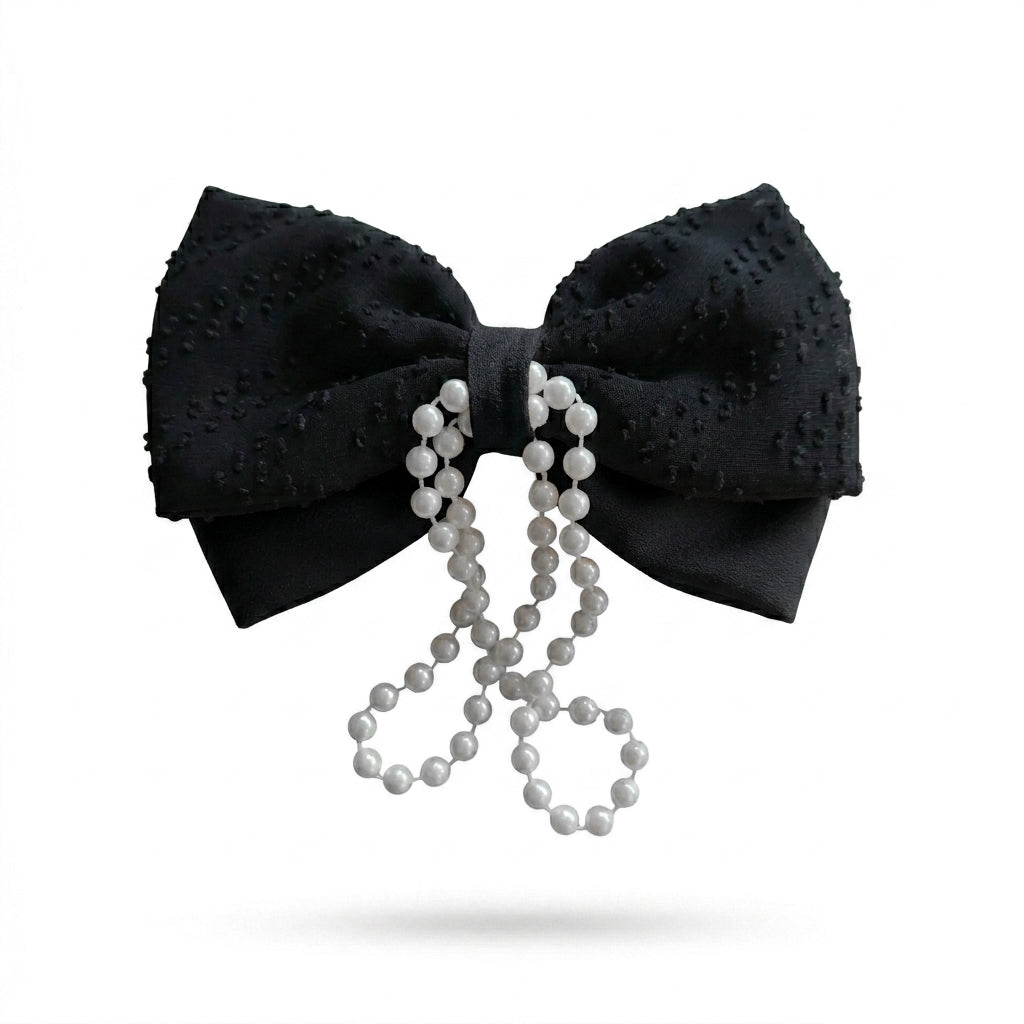 Black Hair Bow with Pearl String