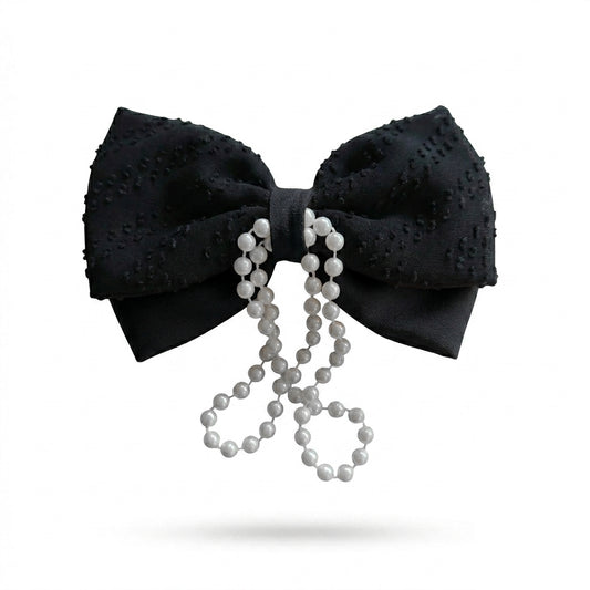 Black Hair Bow with Pearl String