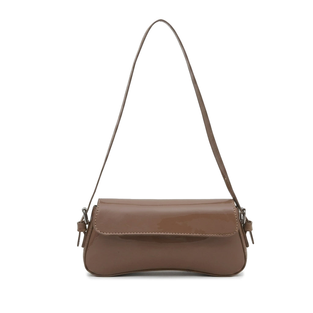 Khaki Patent Baguette Bag with Flap